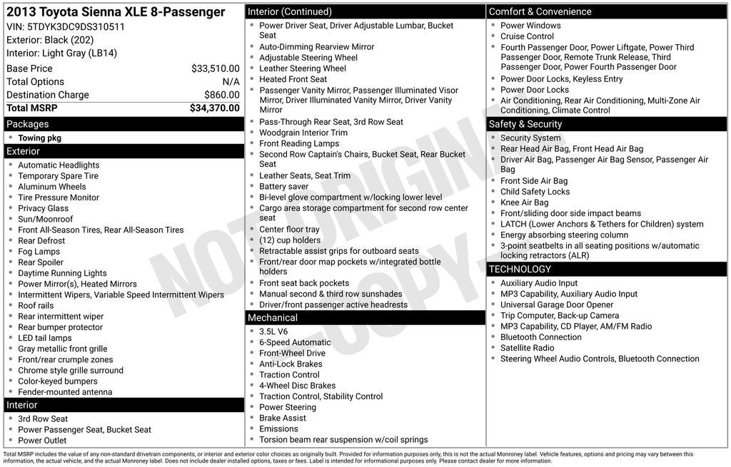 2013 Toyota SIENNA XLE 3.5L XLE 8 Passenger
