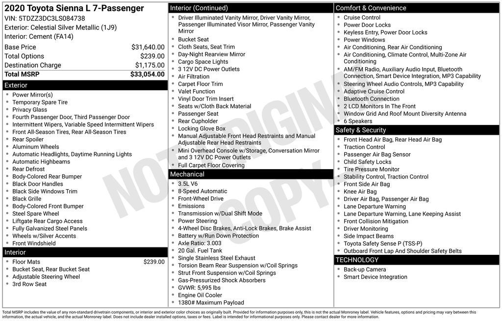 2020 Toyota Sienna L 7 Passenger