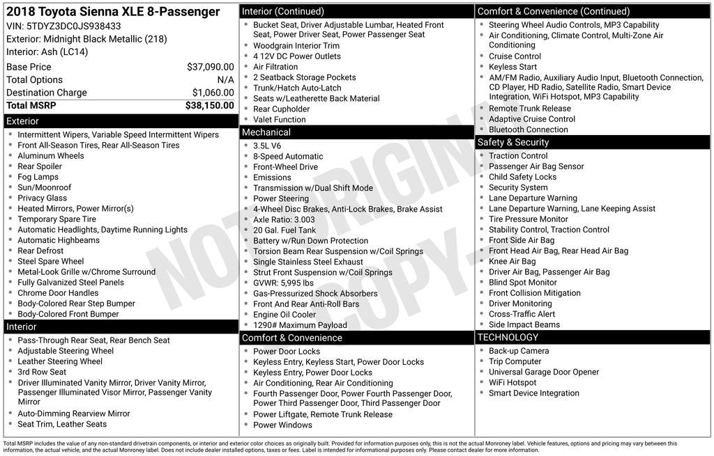 2018 Toyota SIENNA XLE 3.5L XLE 8 Passenger